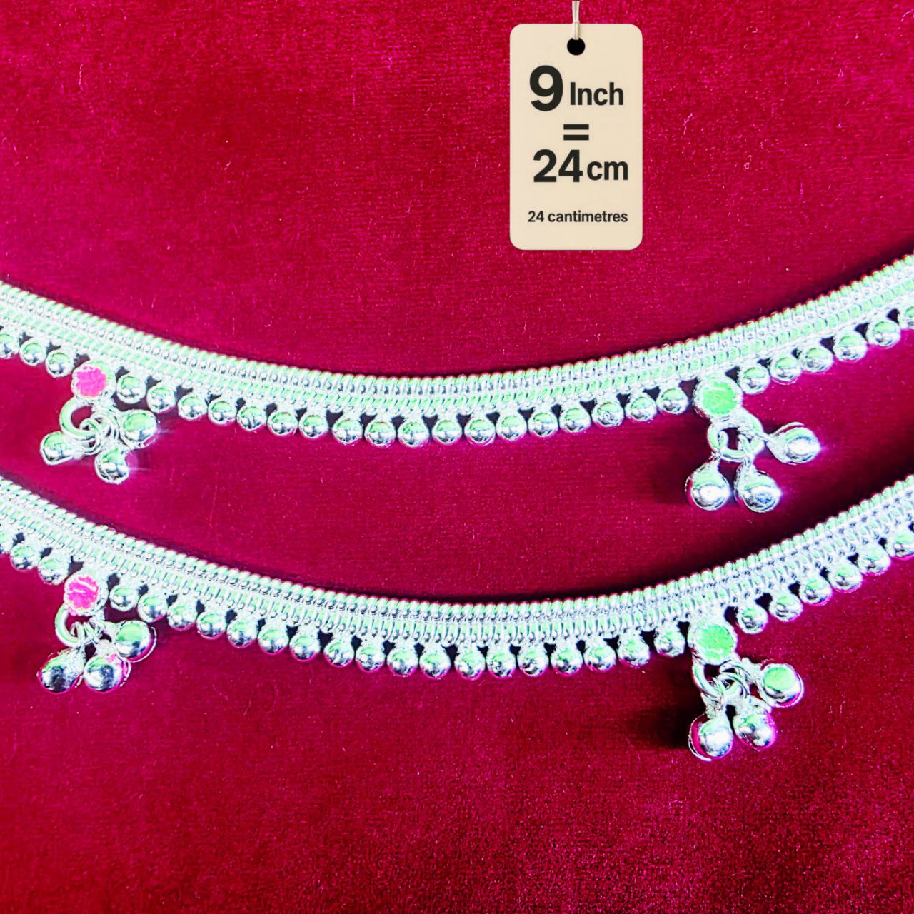 Silver-Plated German Silver Anklets with green Pink rose flower, Contemporary Style, Non-Adjustable, Set of 2-9 Inch