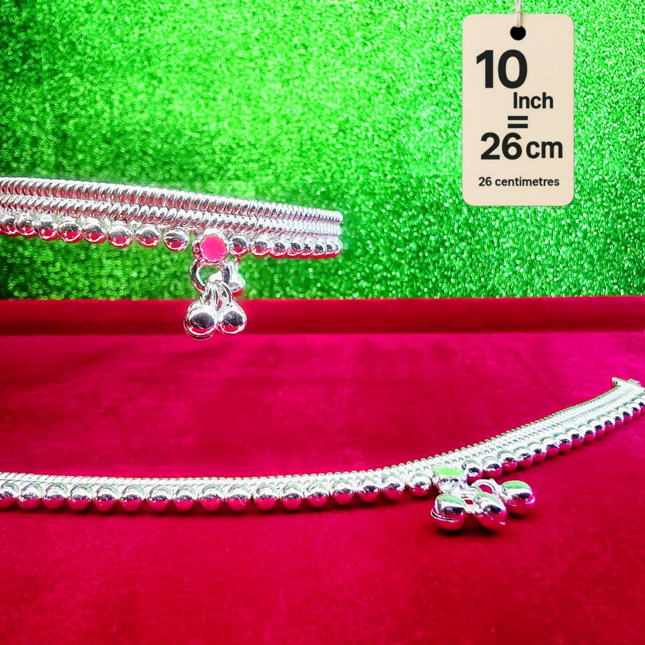 Silver-Plated German Silver Anklets with green Pink rose flower, Contemporary Style, Non-Adjustable, Set of 2-10 Inch