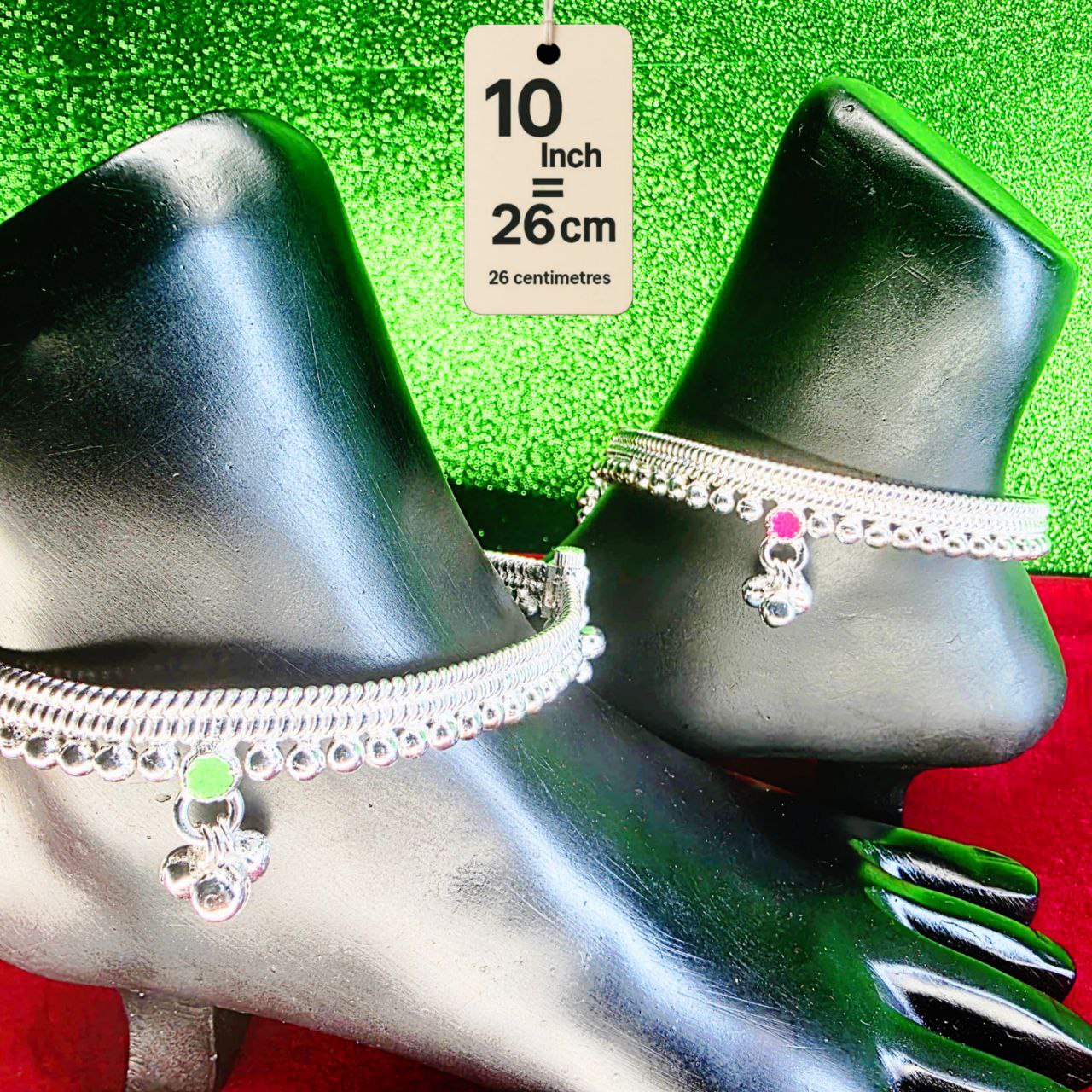 Silver-Plated German Silver Anklets with green Pink rose flower, Contemporary Style, Non-Adjustable, Set of 2-10 Inch