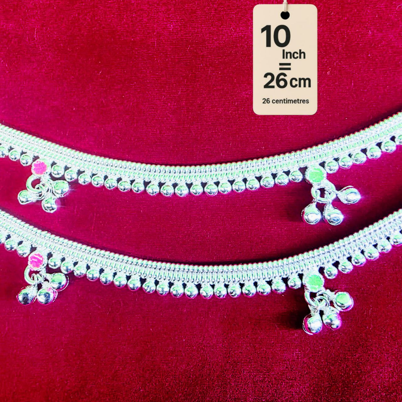 Silver-Plated German Silver Anklets with green Pink rose flower, Contemporary Style, Non-Adjustable, Set of 2-10 Inch