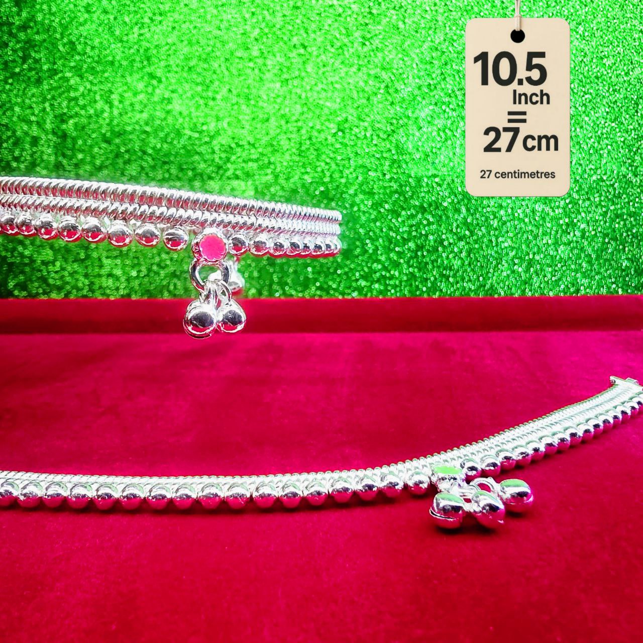 Silver-Plated German Silver Anklets with green Pink rose flower, Contemporary Style, Non-Adjustable, Set of 2-10.5  Inch