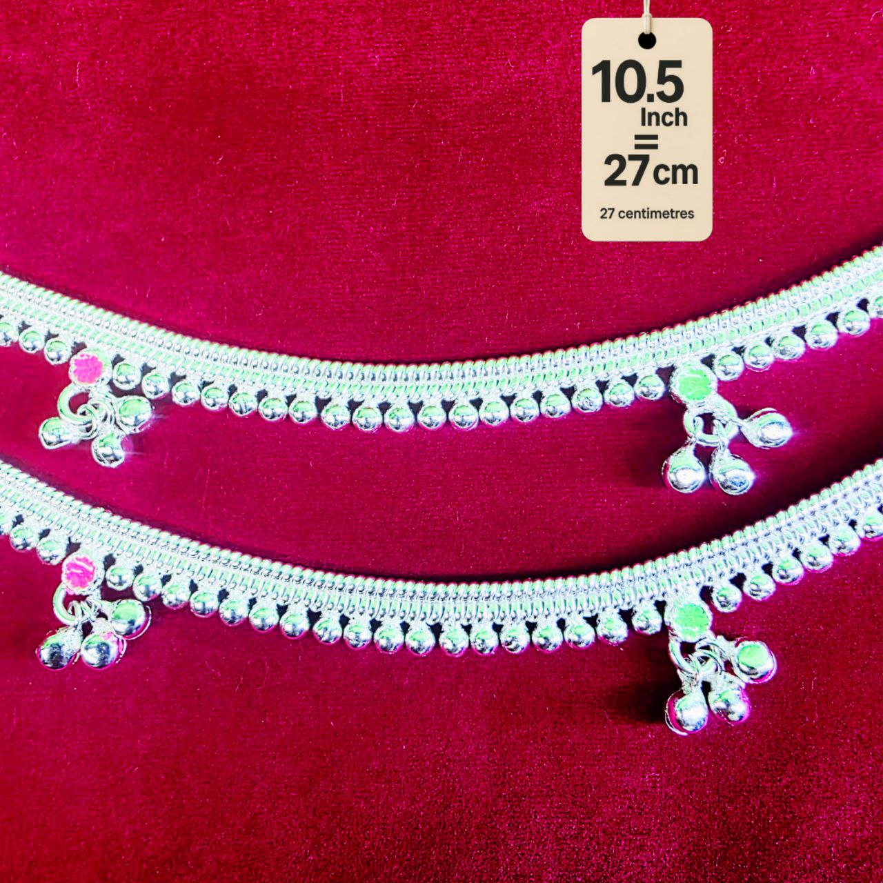 Silver-Plated German Silver Anklets with green Pink rose flower, Contemporary Style, Non-Adjustable, Set of 2-10.5  Inch