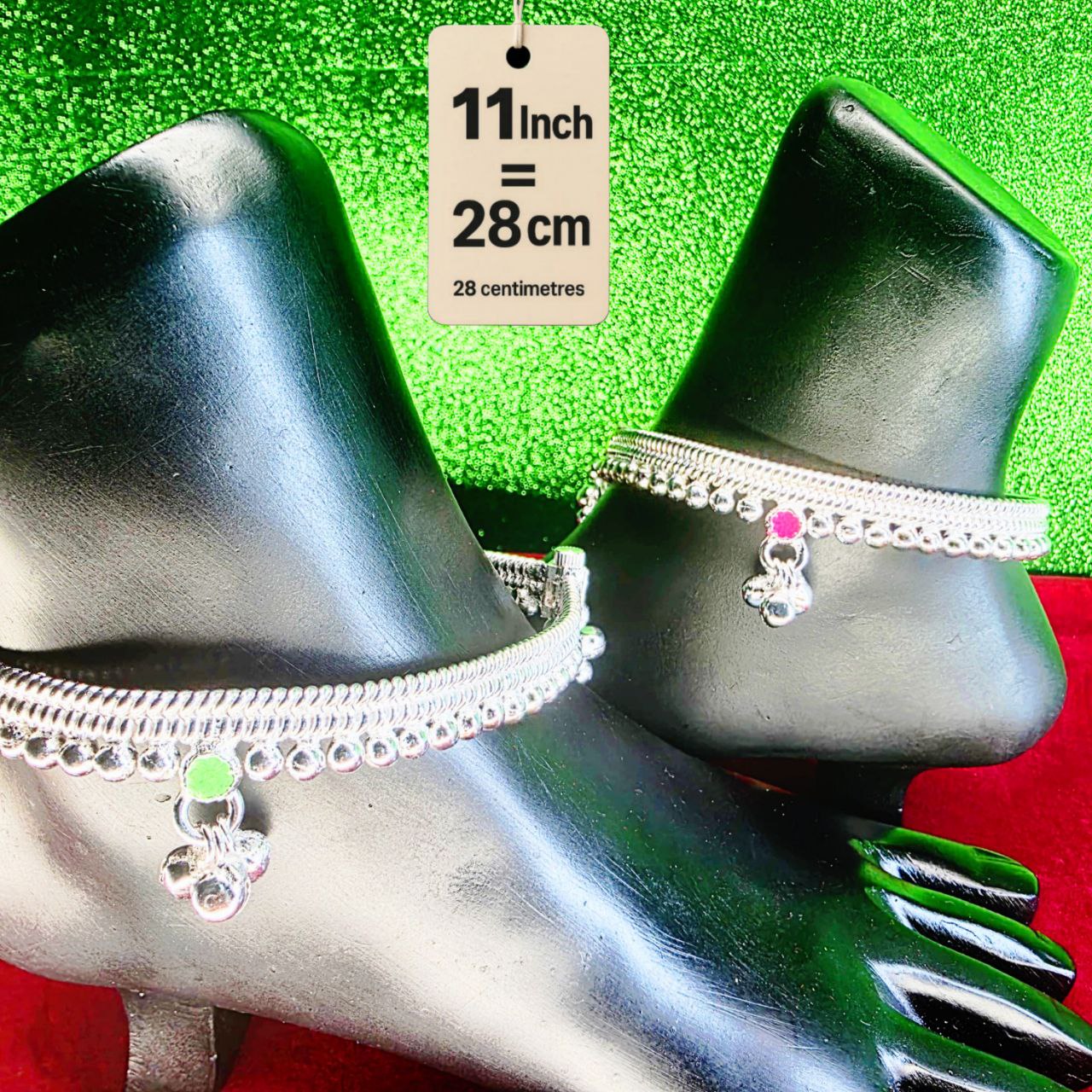 Leyerd jalra German Silver Anklets Set of 2, Design with Coloured Stones, Contemporary Style, Silver Plated-layer by layered Traditional collection -11 Inch