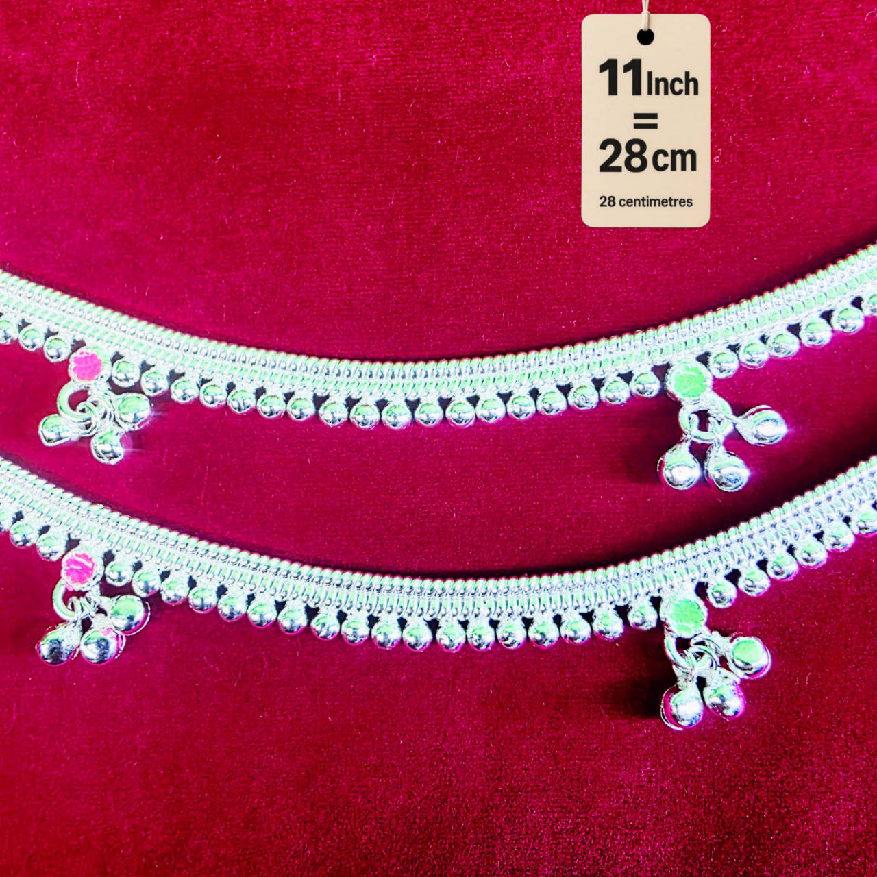 Leyerd jalra German Silver Anklets Set of 2, Design with Coloured Stones, Contemporary Style, Silver Plated-layer by layered Traditional collection -11 Inch