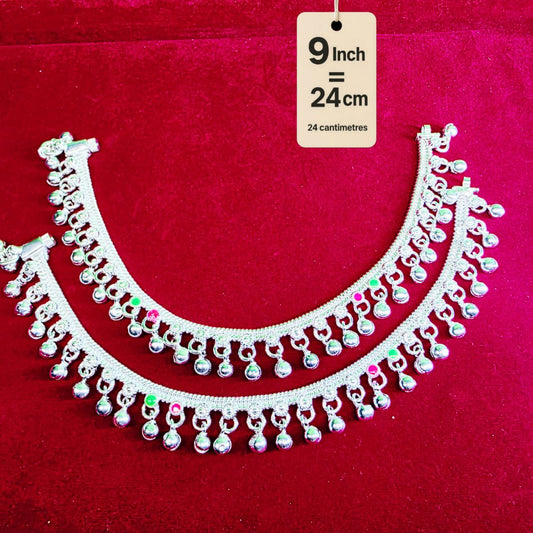 German Silver Anklet/Payal with Bells &colored stone Heart Design Silver plated 2-Piece-9 Inch