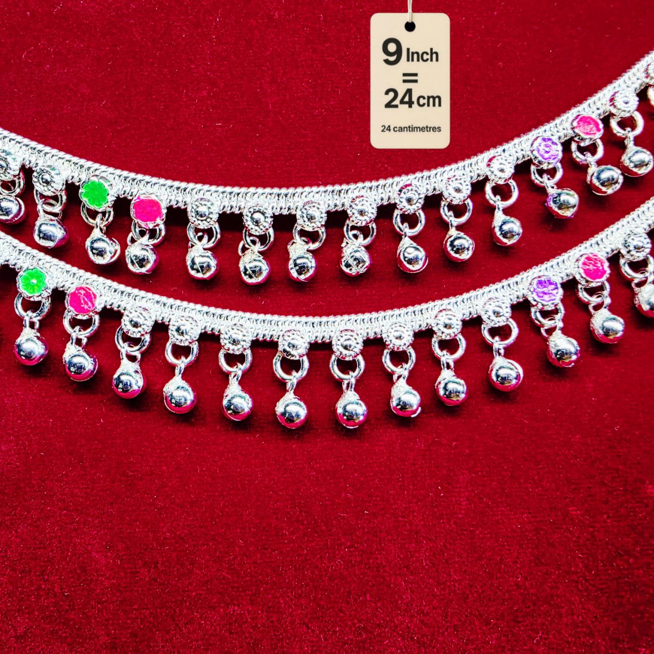 German Silver Anklet/Payal with Bells &colored stone Heart Design Silver plated 2-Piece-9 Inch