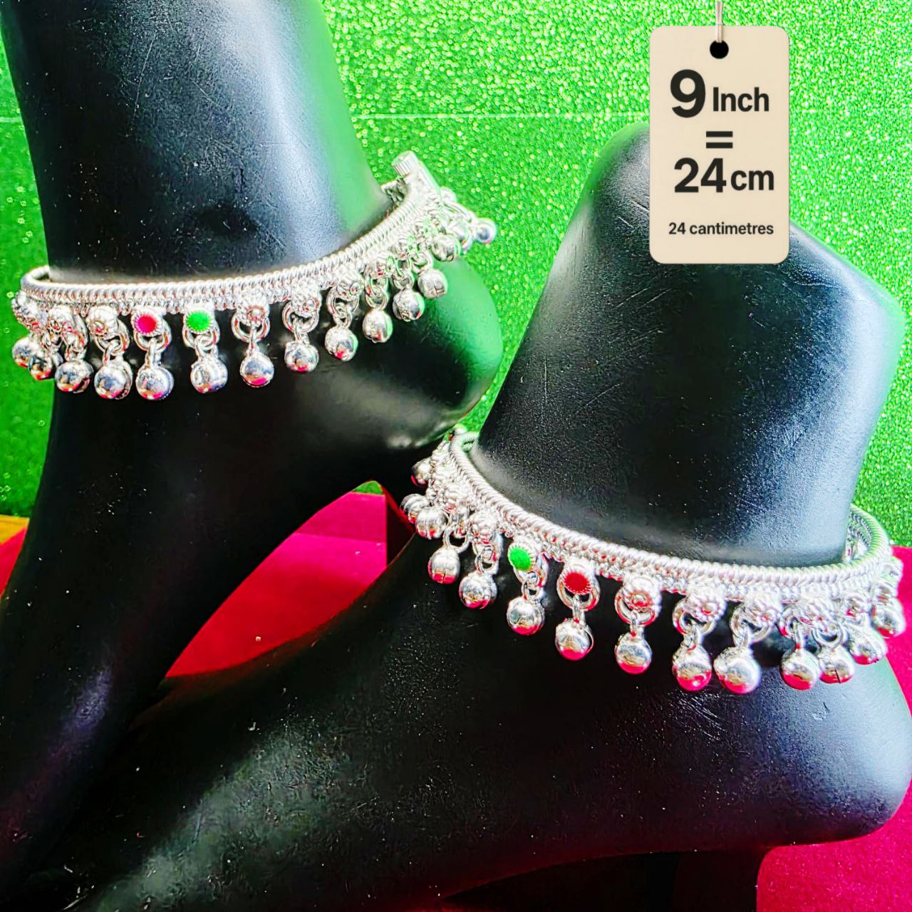 German Silver Anklet/Payal with Bells &colored stone Heart Design Silver plated 2-Piece-9 Inch