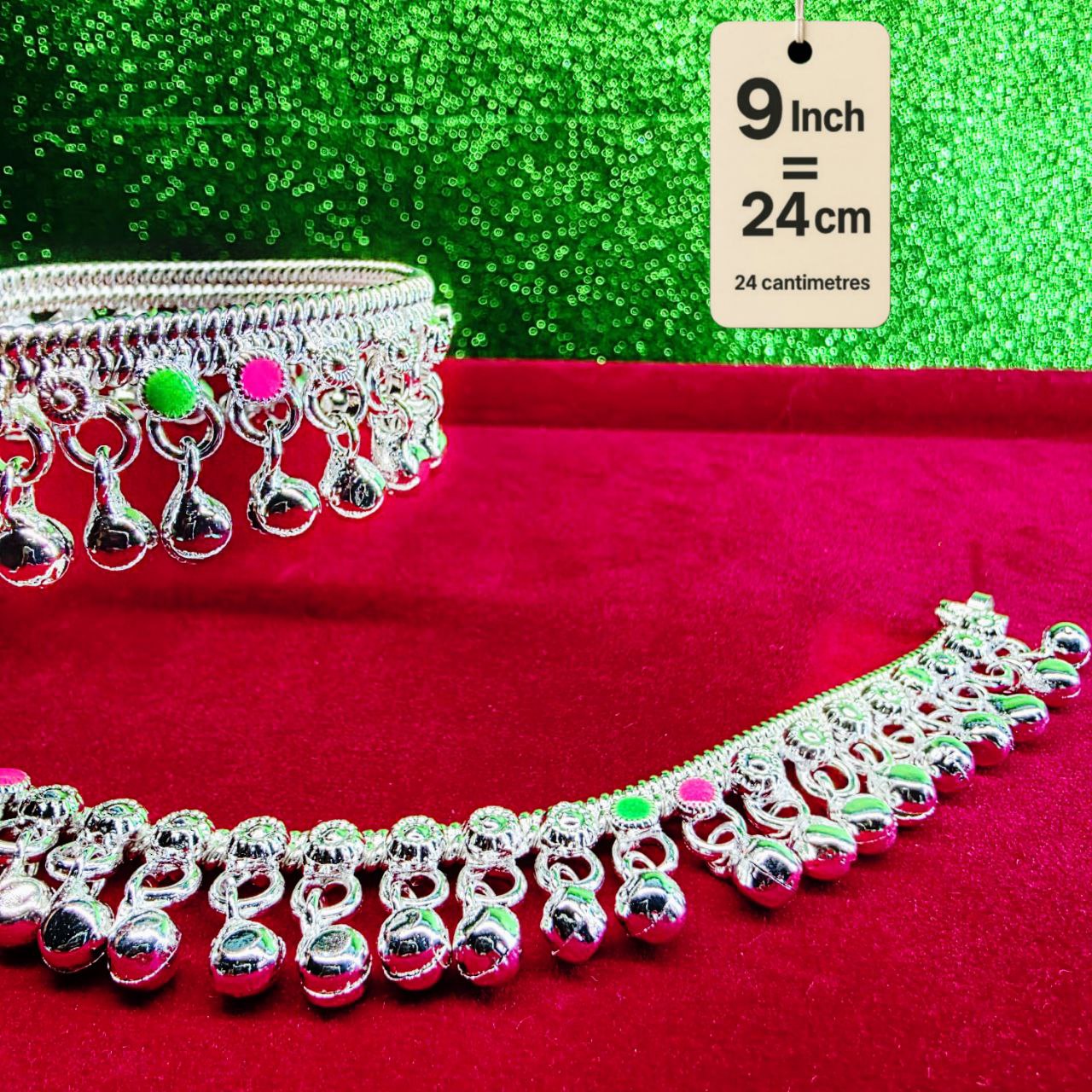 German Silver Anklet/Payal with Bells &colored stone Heart Design Silver plated 2-Piece-9 Inch