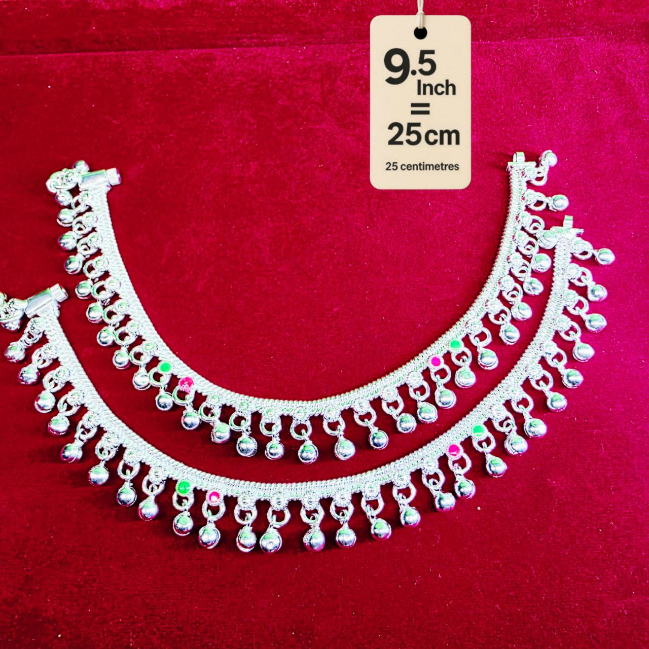 German Silver Anklet/Payal with Bells &colored stone Heart Design Silver plated 2-Piece-9.5 Inch