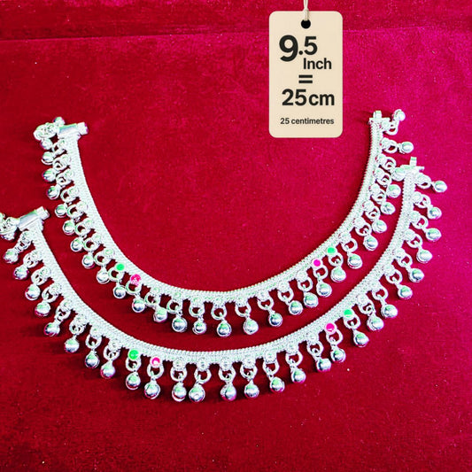 German Silver Anklet/Payal with Bells &colored stone Heart Design Silver plated 2-Piece-9.5 Inch