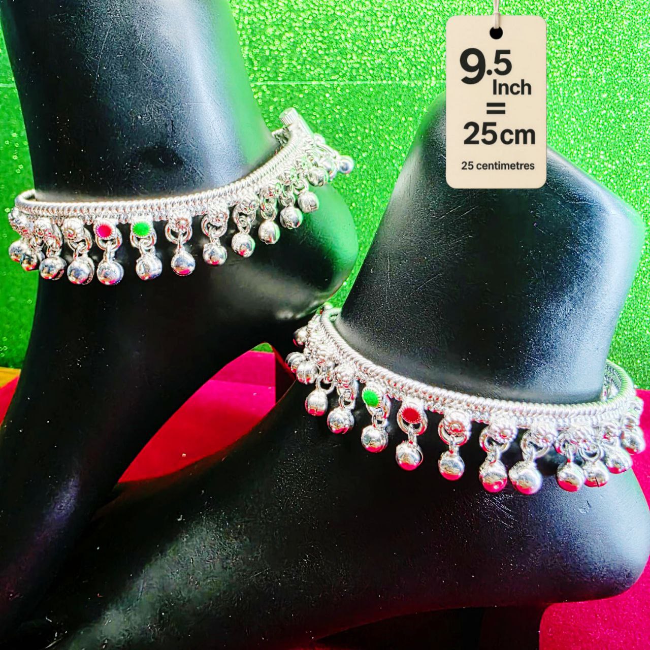 German Silver Anklet/Payal with Bells &colored stone Heart Design Silver plated 2-Piece-9.5 Inch