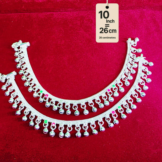German Silver Anklet/Payal with Bells &colored stone Heart Design Silver plated 2-Piece- 10 Inch