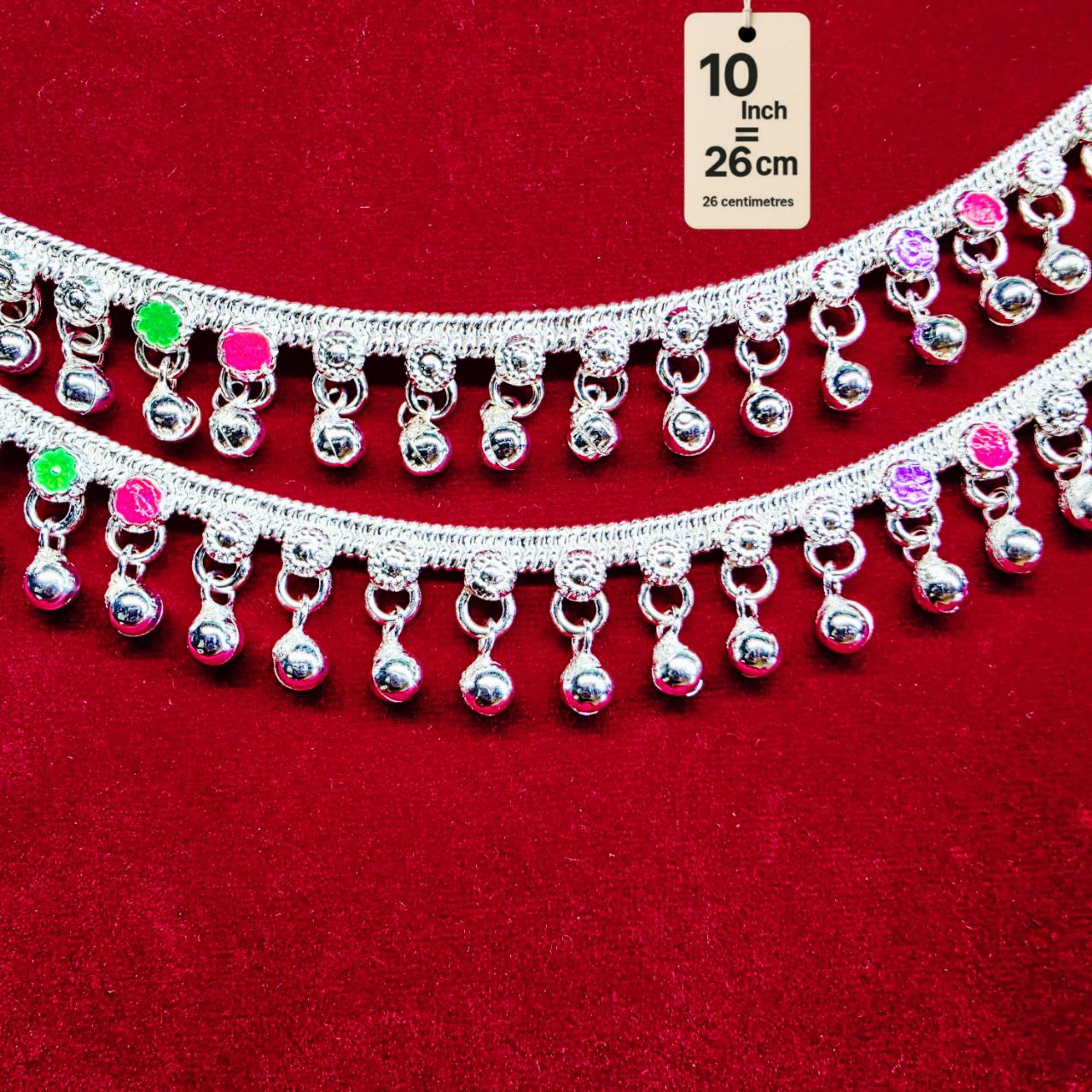 German Silver Anklet/Payal with Bells &colored stone Heart Design Silver plated 2-Piece- 10 Inch