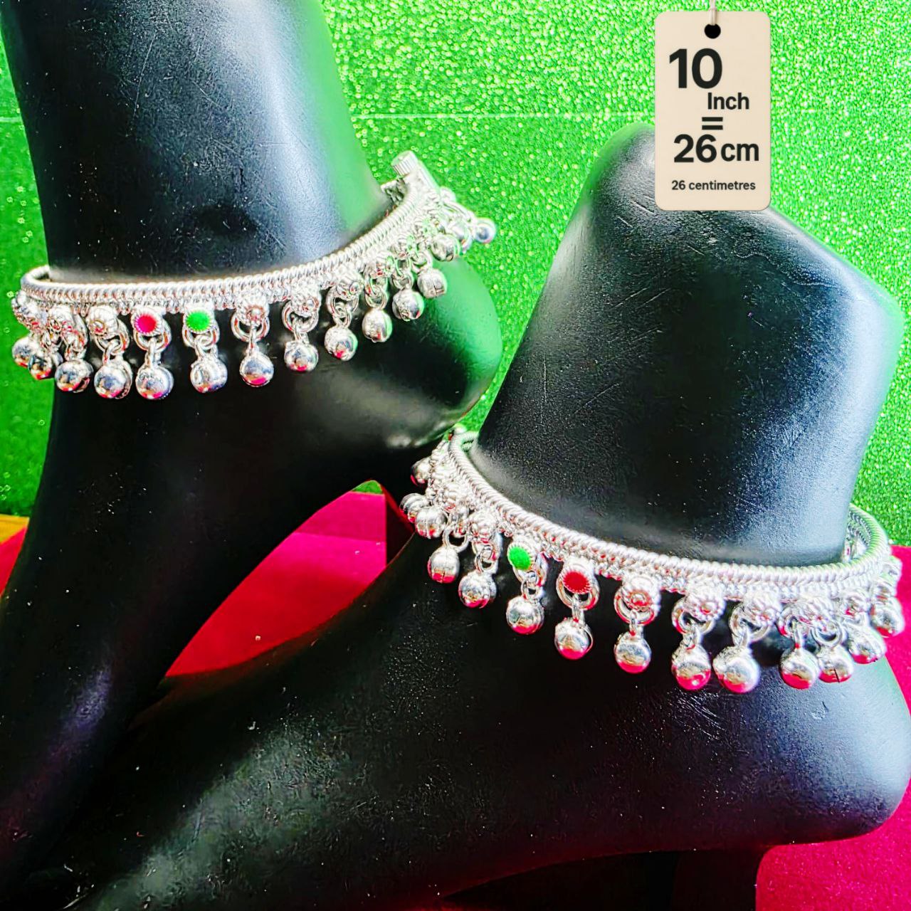 German Silver Anklet/Payal with Bells &colored stone Heart Design Silver plated 2-Piece- 10 Inch