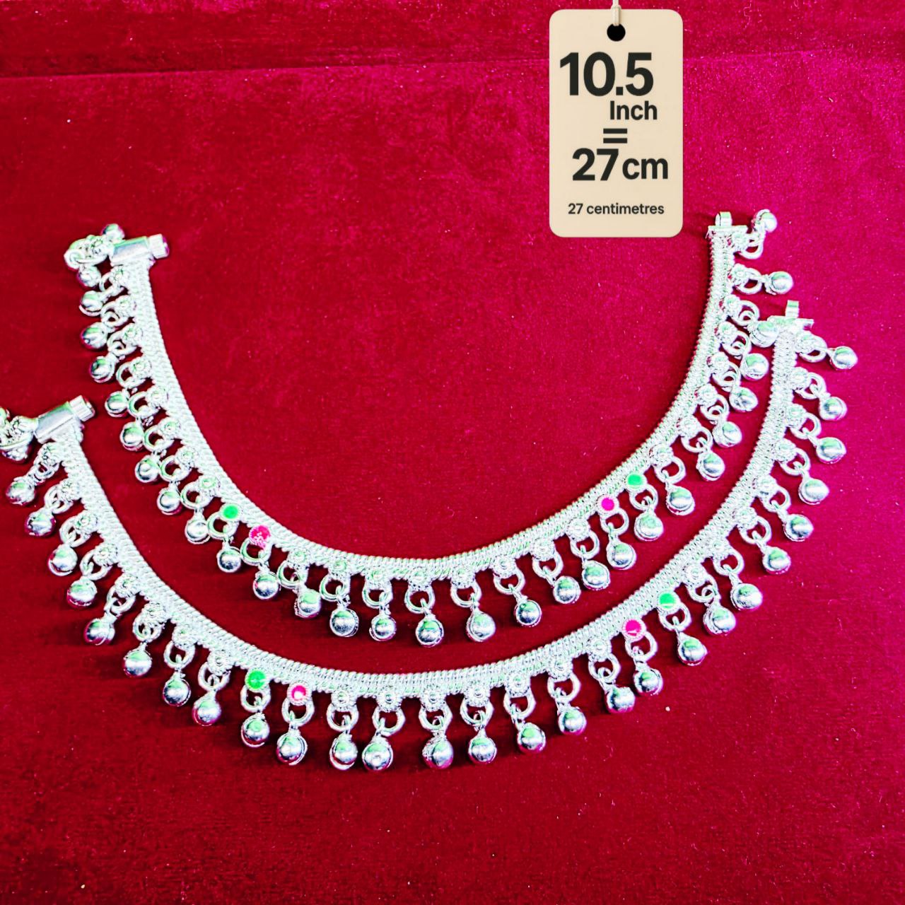 German Silver Anklet/Payal with Bells &colored stone Heart Design Silver plated 2-Piece- 10.5 Inch