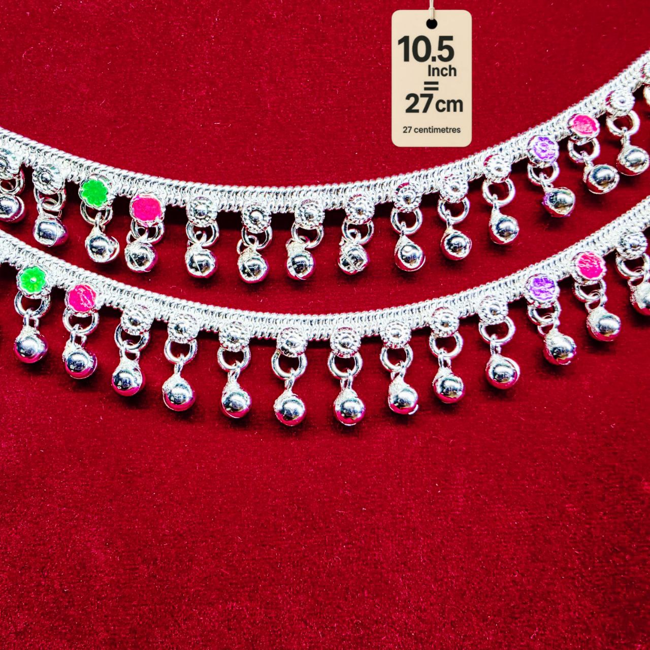 German Silver Anklet/Payal with Bells &colored stone Heart Design Silver plated 2-Piece- 10.5 Inch