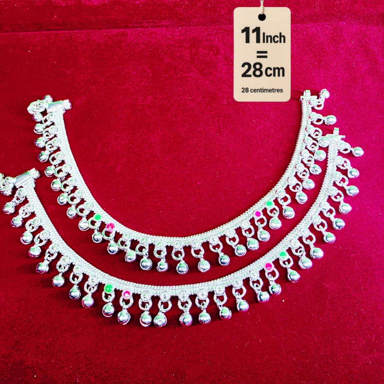 German Silver Anklet/Payal with Bells &colored stone Heart Design Silver plated 2-Piece- 11 Inch