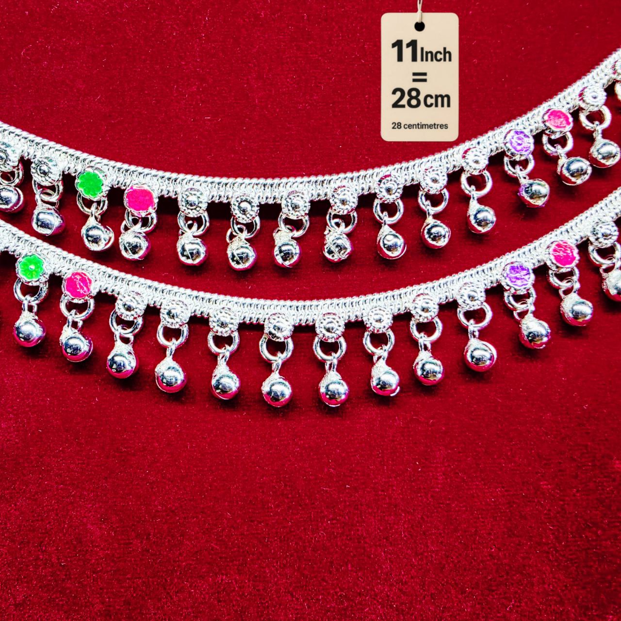 German Silver Anklet/Payal with Bells &colored stone Heart Design Silver plated 2-Piece- 11 Inch