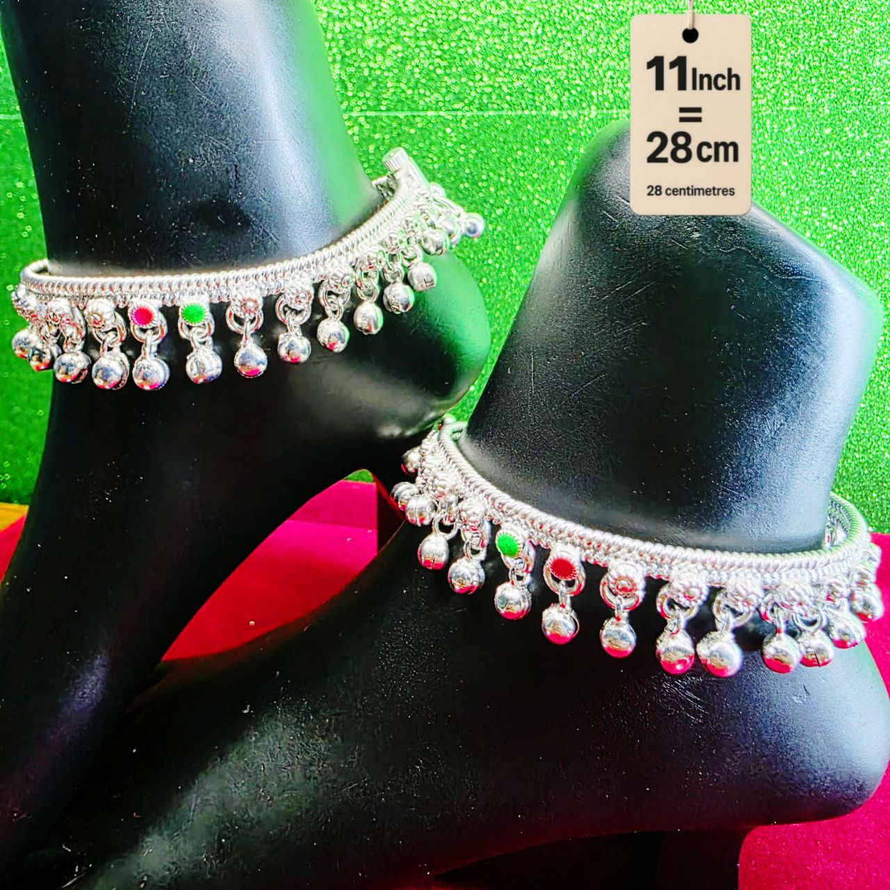 German Silver Anklet/Payal with Bells &colored stone Heart Design Silver plated 2-Piece- 11 Inch