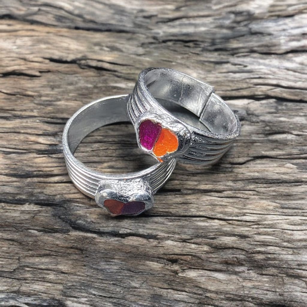 German Silver Toe Ring with Orange Stone Accents, Adjustable Band, Textured Design, Set of 2