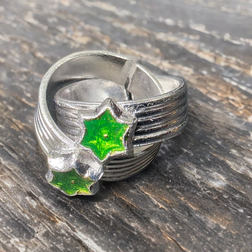 German Silver Toe Rings for Women, Green Star Enamel Design, Adjustable Size, Set of 2, Silver