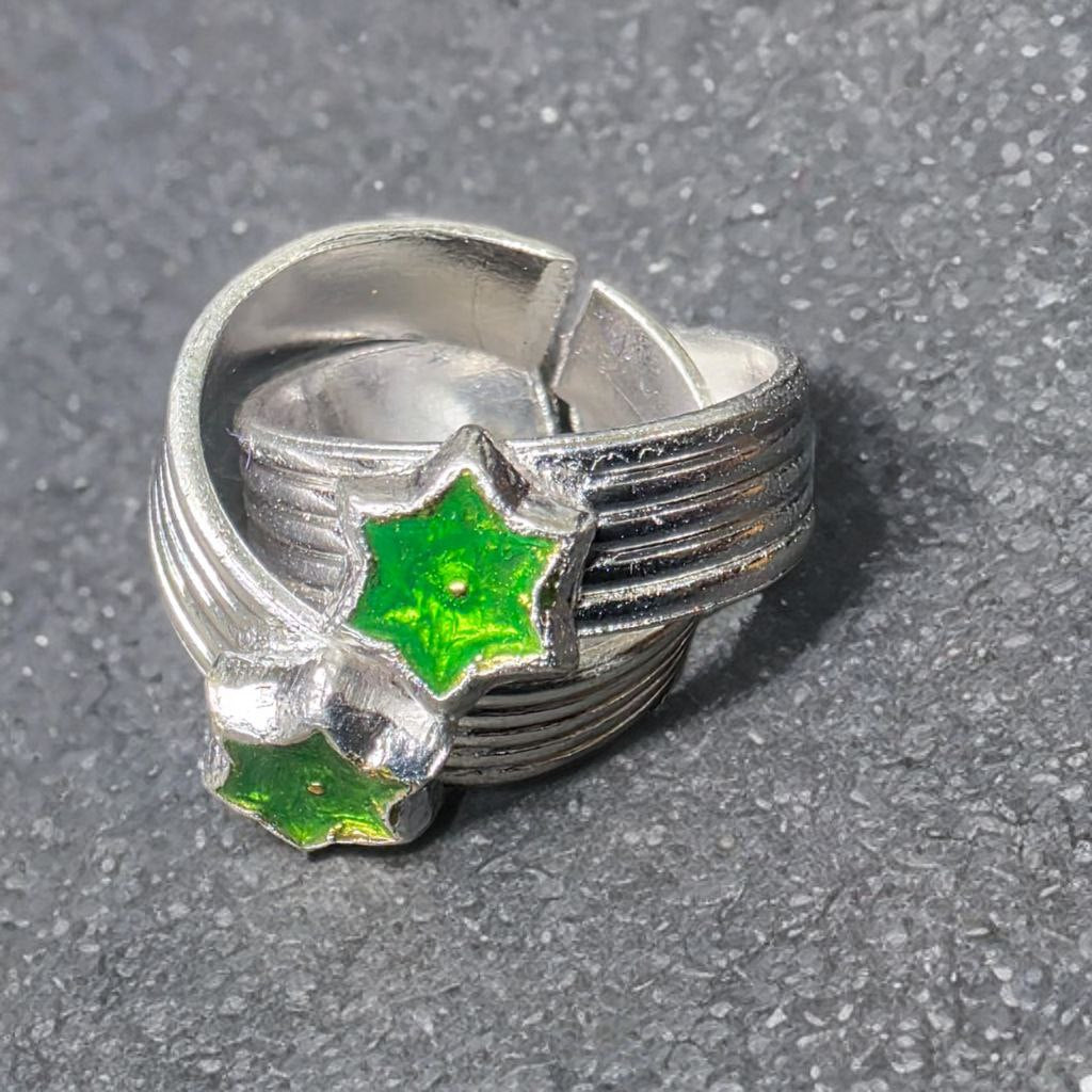 German Silver Toe Rings for Women, Green Star Enamel Design, Adjustable Size, Set of 2, Silver