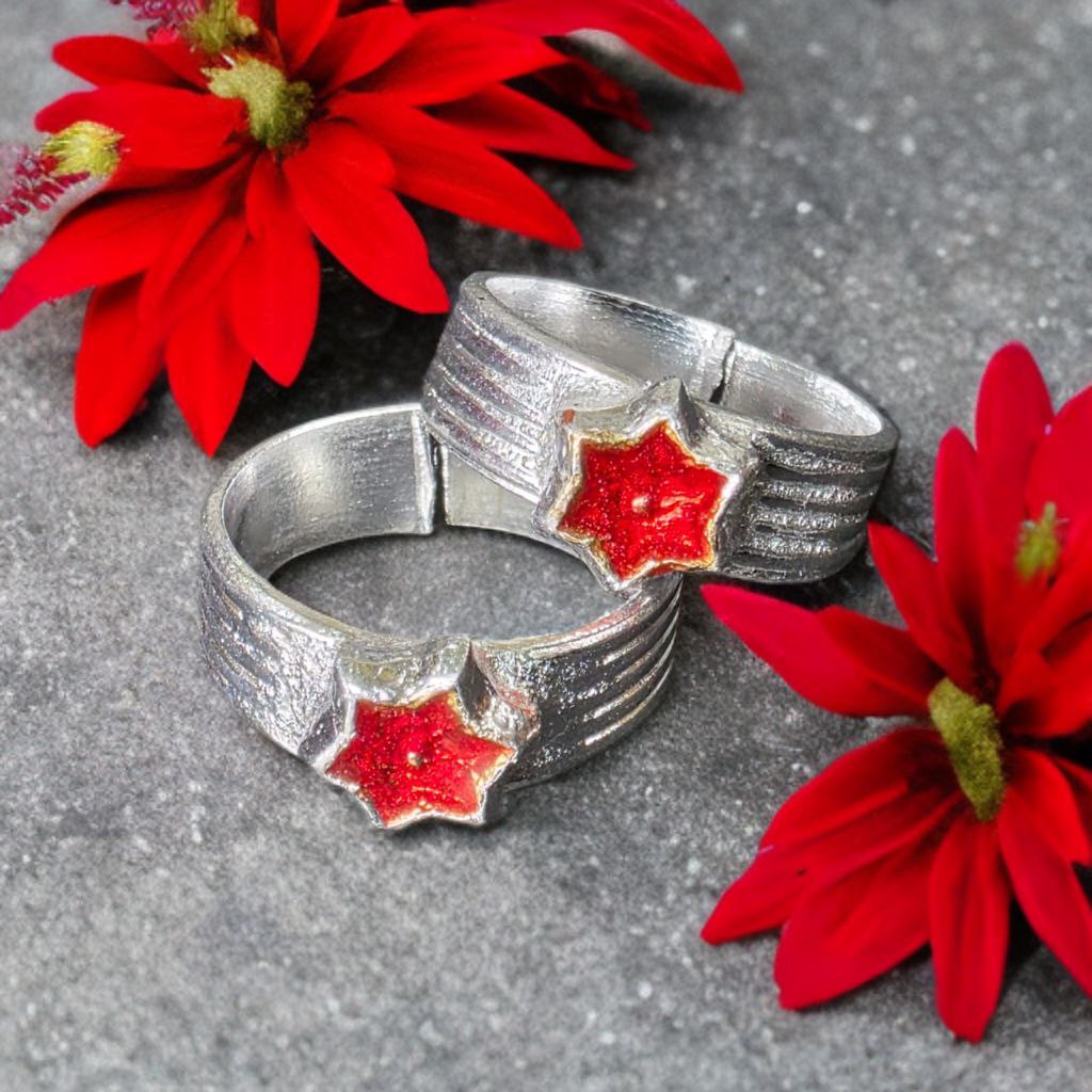 German Silver Toe Rings for Women, Red Star Design, Adjustable Size, Set of 2
