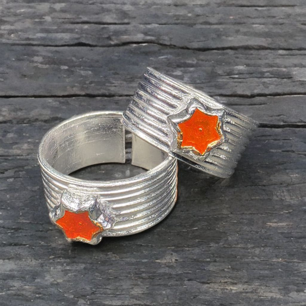 German Silver Toe Rings Set of 2, Star Design with Orange Enamel, Adjustable Size, Contemporary Style