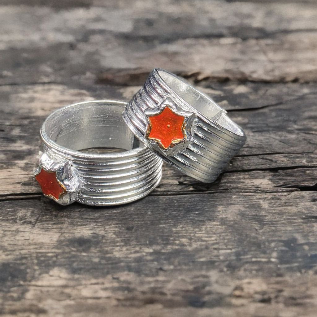 German Silver Toe Rings Set of 2, Star Design with Orange Enamel, Adjustable Size, Contemporary Style