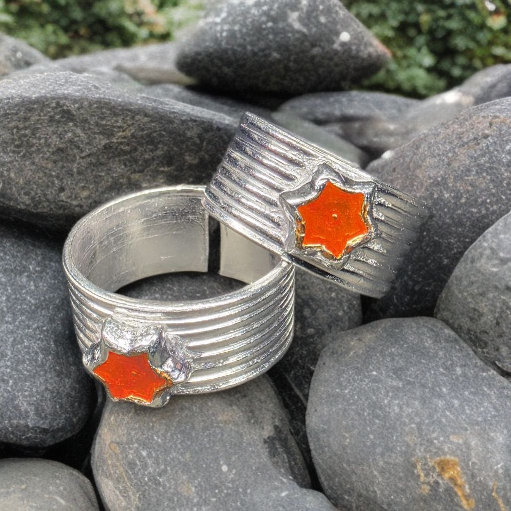 German Silver Toe Rings Set of 2, Star Design with Orange Enamel, Adjustable Size, Contemporary Style