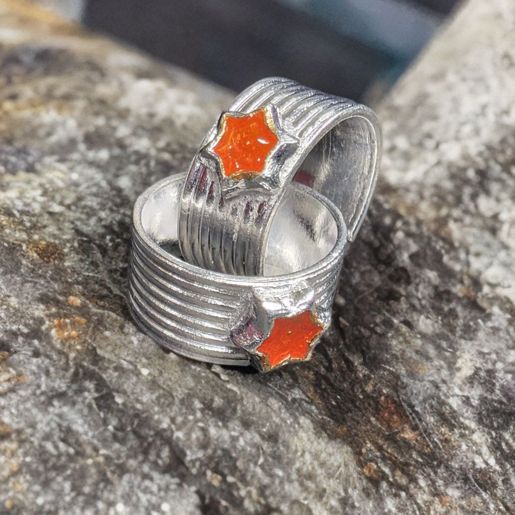 German Silver Toe Rings Set of 2, Star Design with Orange Enamel, Adjustable Size, Contemporary Style