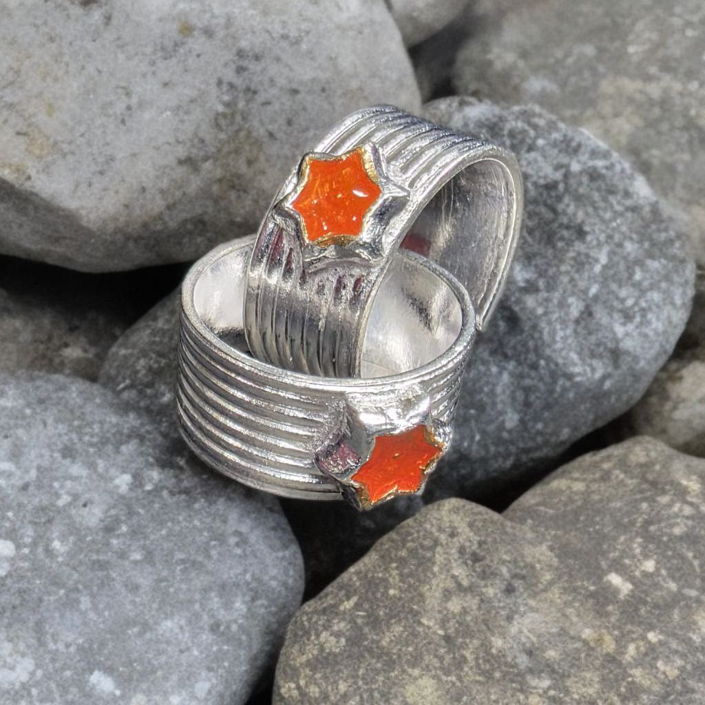 German Silver Toe Rings Set of 2, Star Design with Orange Enamel, Adjustable Size, Contemporary Style