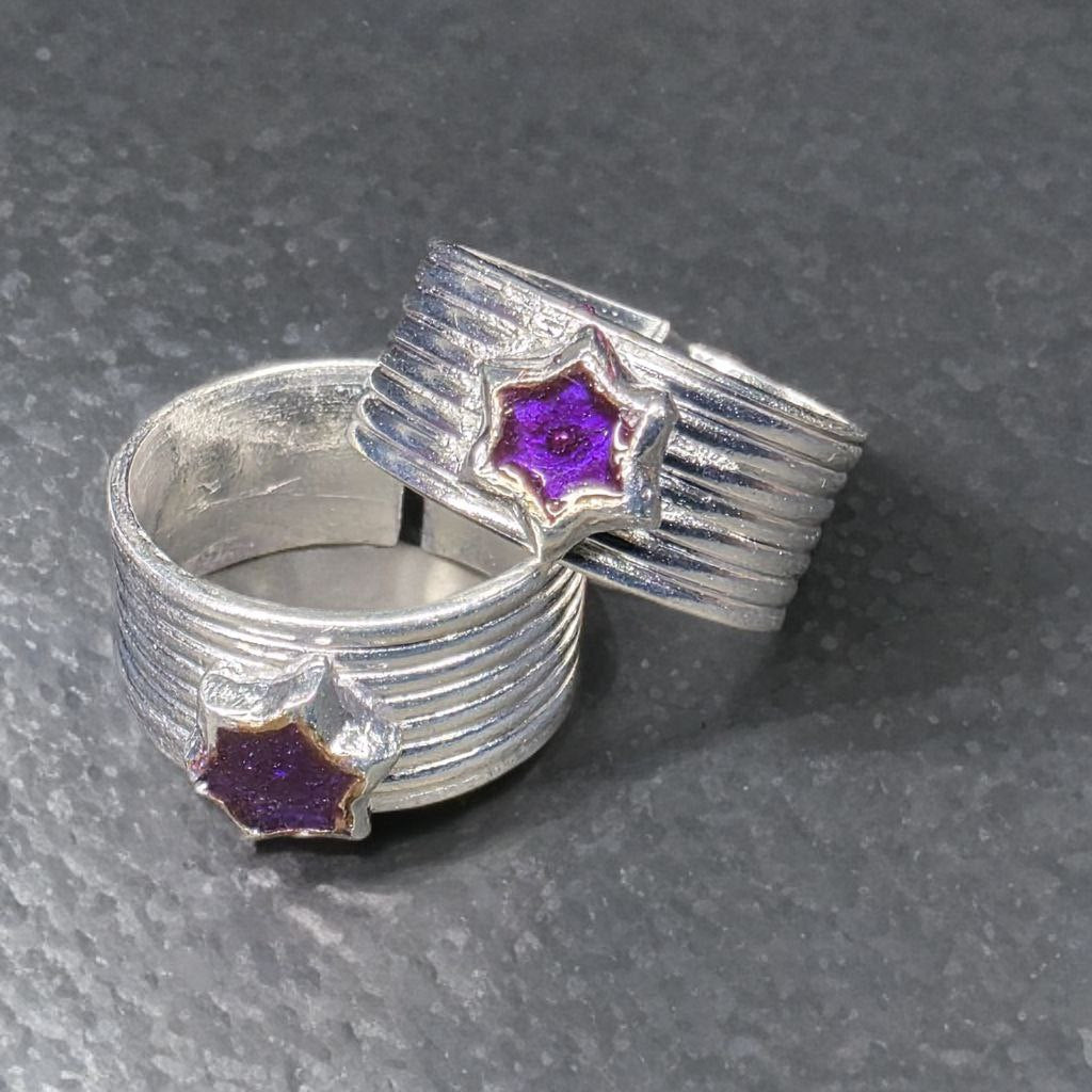 German Silver Toe Rings Set of 2, Star Design with Purple Enamel, Adjustable Size, Contemporary Style