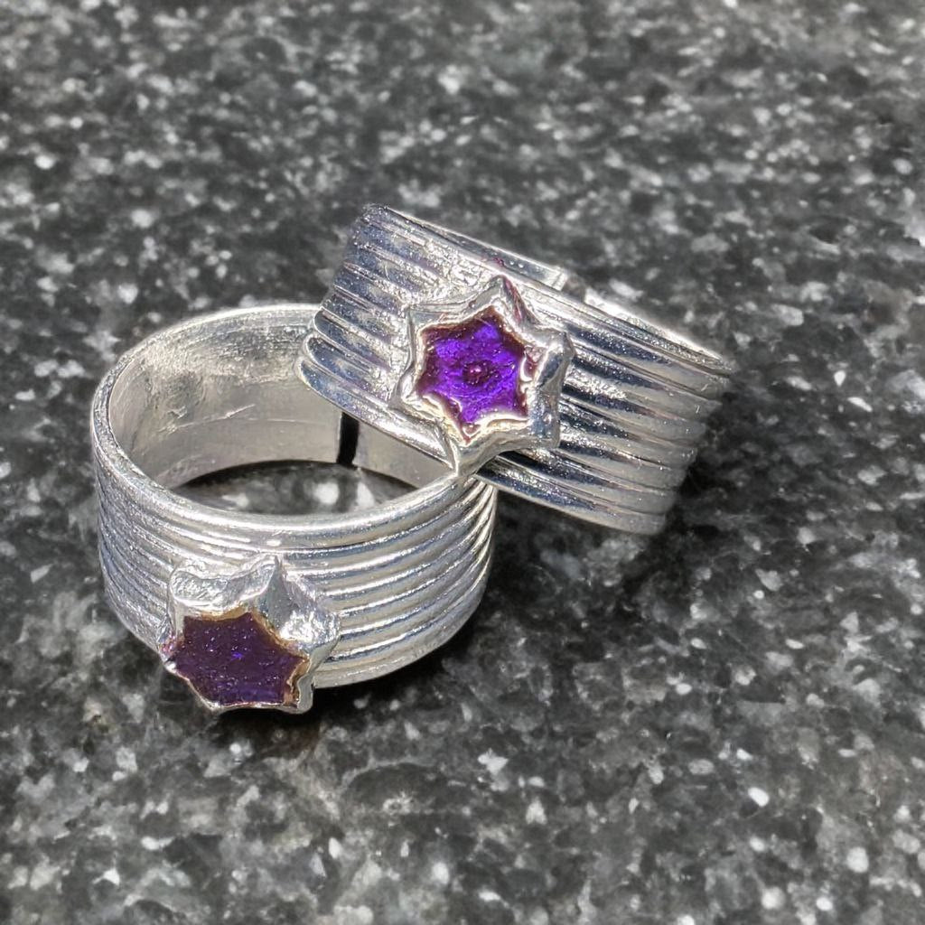 German Silver Toe Rings Set of 2, Star Design with Purple Enamel, Adjustable Size, Contemporary Style