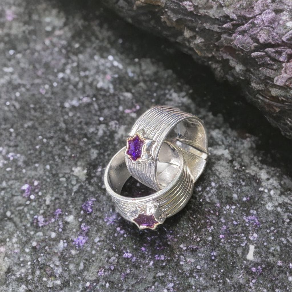 German Silver Toe Rings Set of 2, Star Design with Purple Enamel, Adjustable Size, Contemporary Style