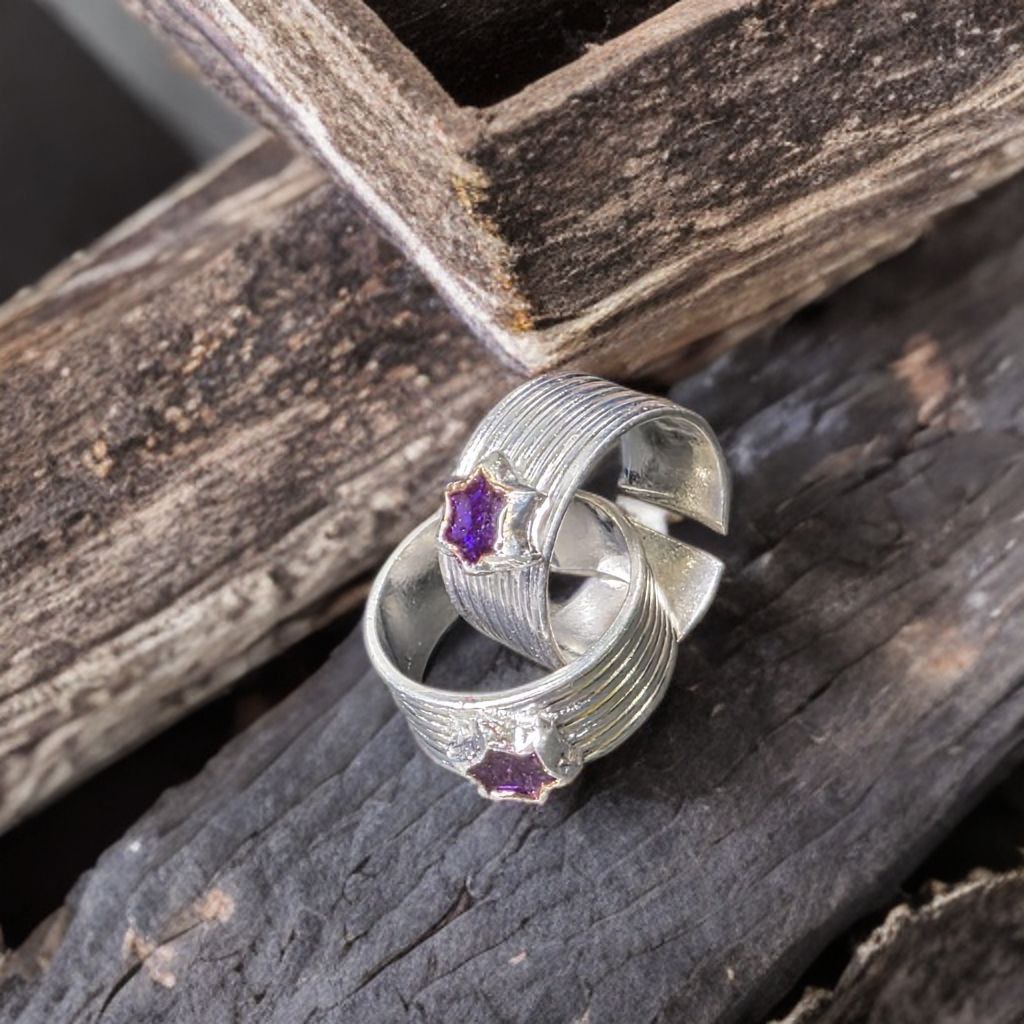 GERMANSILVERS Toe Rings Set with Purple Enamel flower Design, Adjustable Size, Pack of 2, Silver