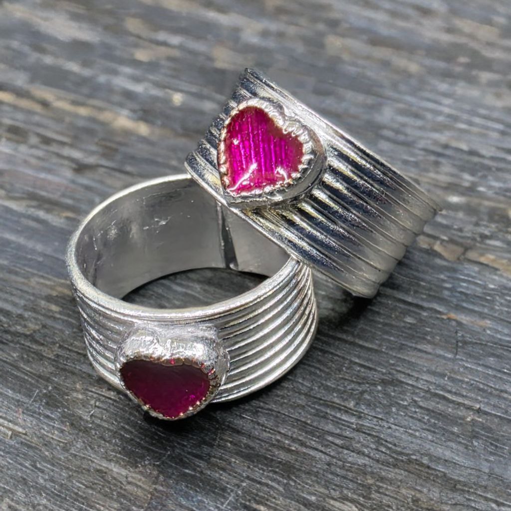 German Silver Toe Rings Set, Purple Enamel Heart Design, Adjustable Size, Pack of 2, Silver