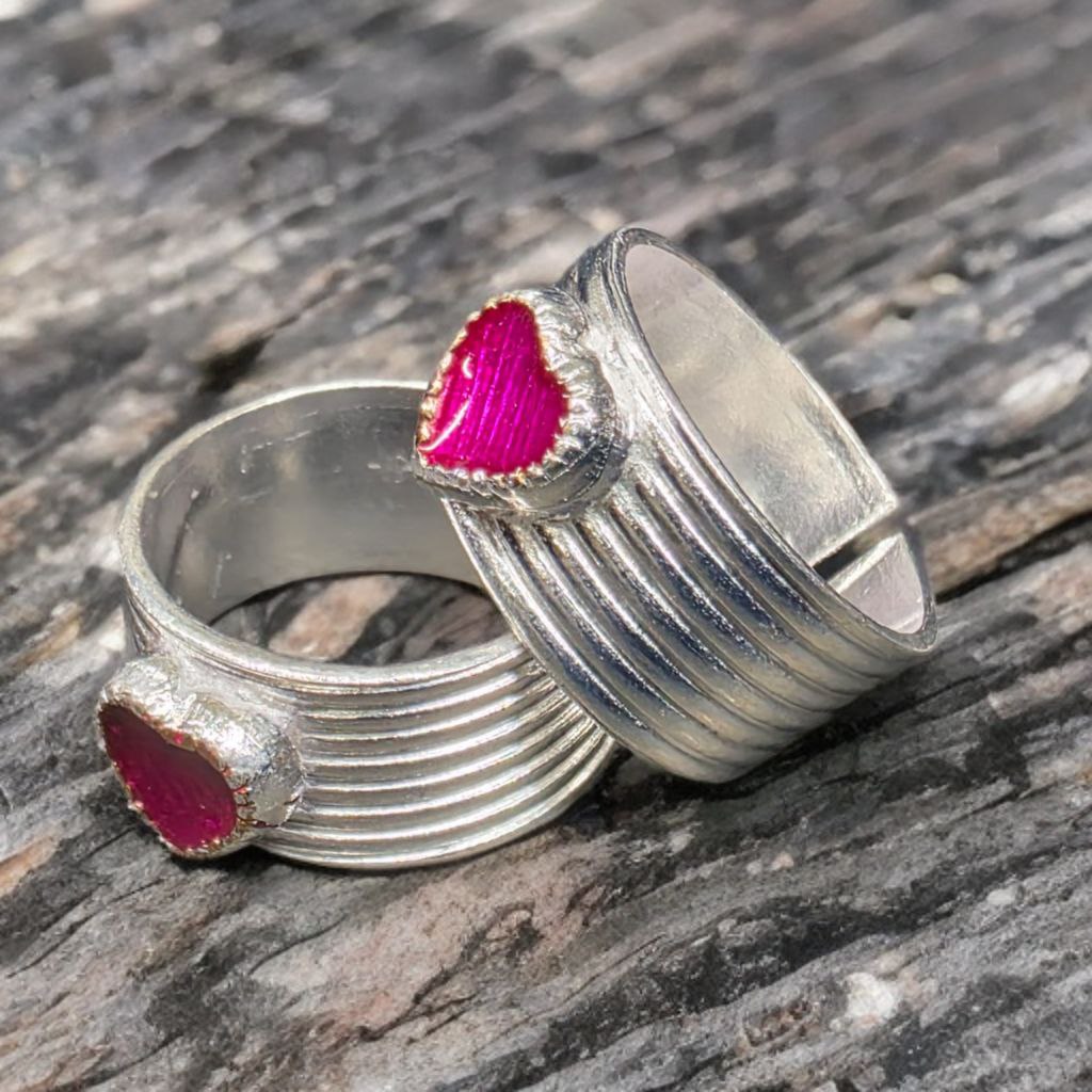 German Silver Toe Rings Set, Purple Enamel Heart Design, Adjustable Size, Pack of 2, Silver