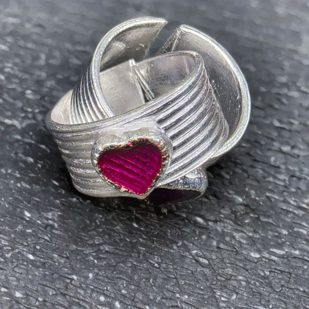 German Silver Toe Rings Set, Purple Enamel Heart Design, Adjustable Size, Pack of 2, Silver