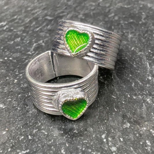 GERMANSILVERS Adjustable Toe Rings Set, Heart Shape Green Enamel Design, German Silver Band, Pack of 2