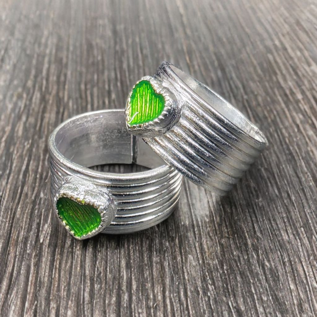 GERMANSILVERS Adjustable Toe Rings Set, Heart Shape Green Enamel Design, German Silver Band, Pack of 2