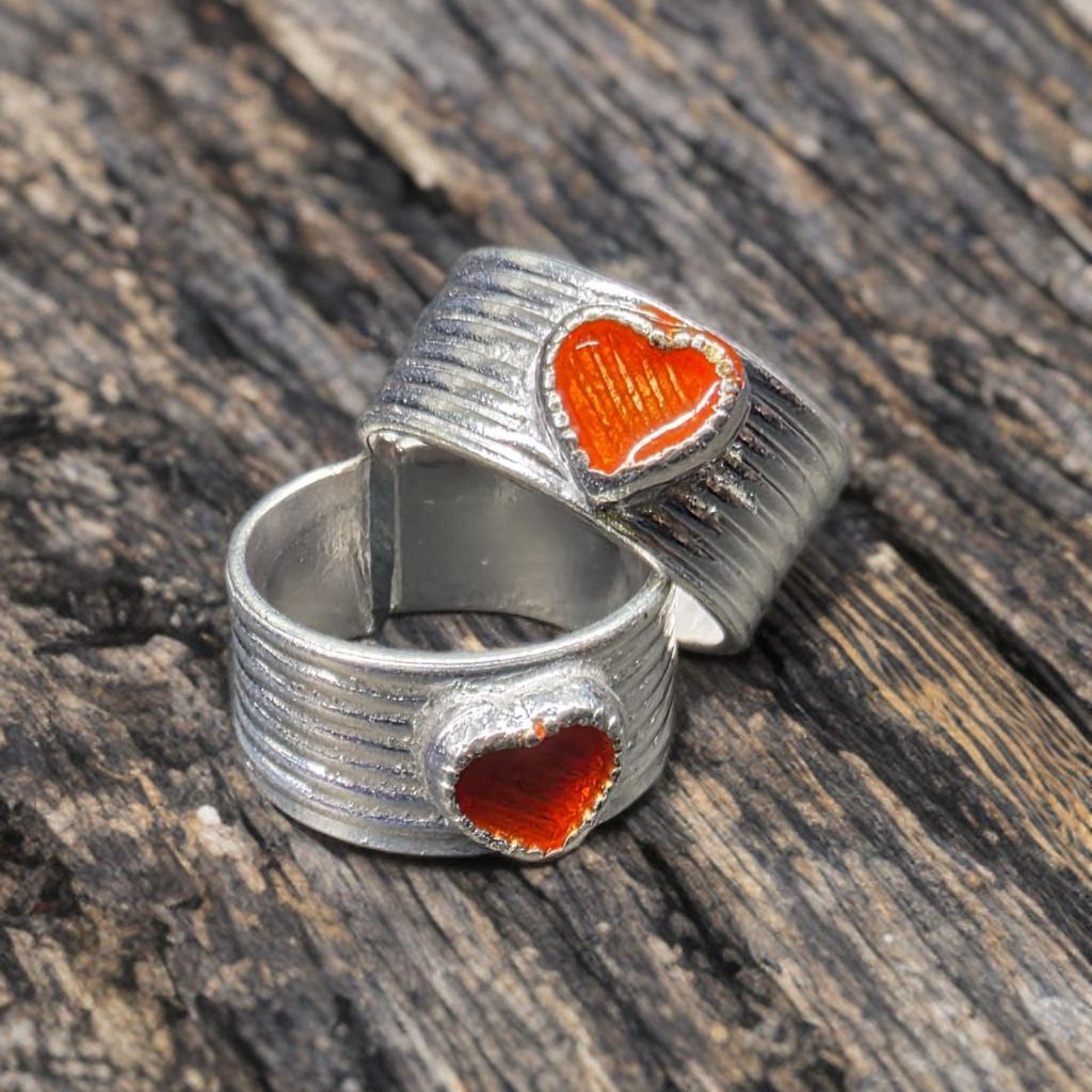 German Silver Toe Rings Set of 2, Adjustable Size, orange Enamel Heart Design, Silver Colour