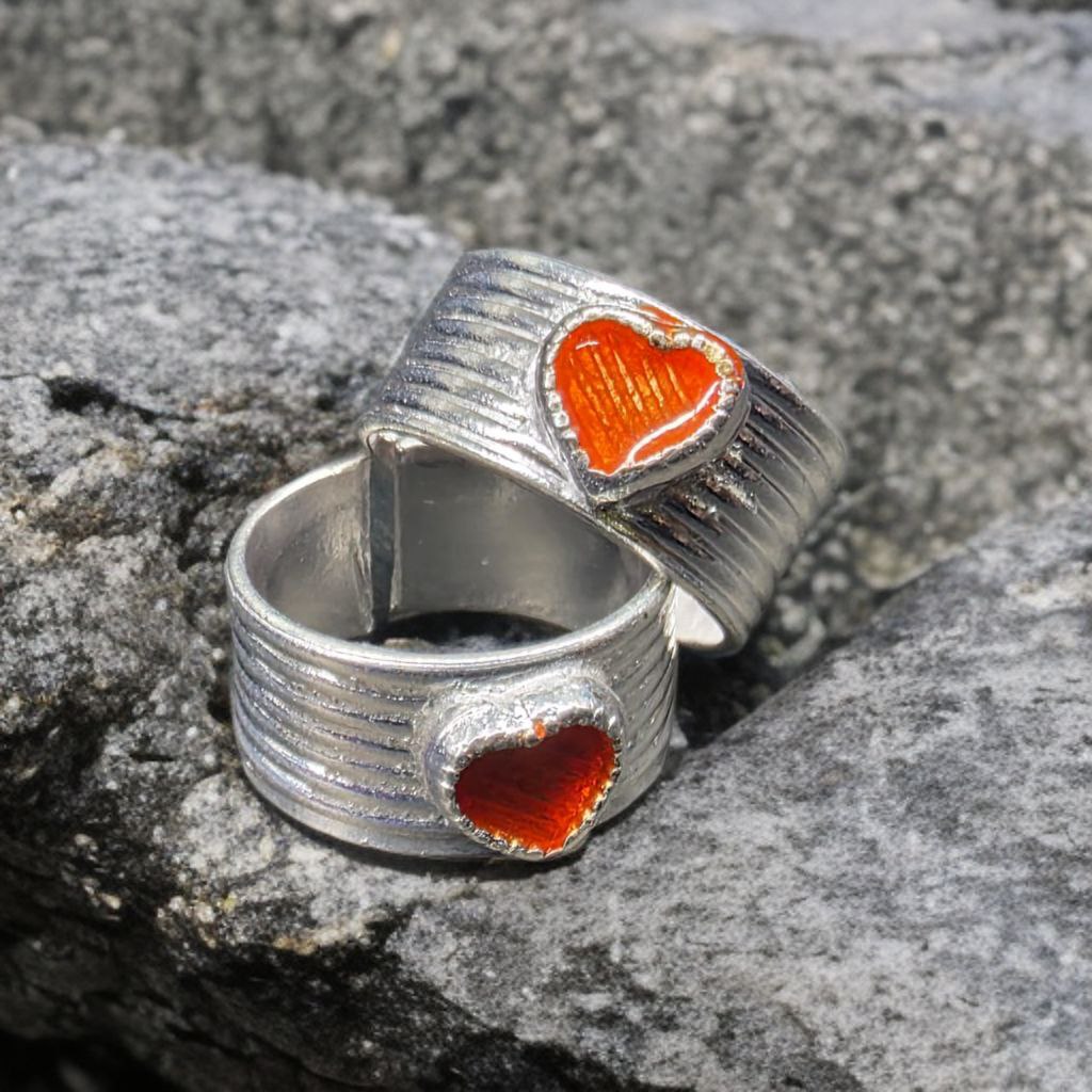 German Silver Toe Rings Set of 2, Adjustable Size, orange Enamel Heart Design, Silver Colour
