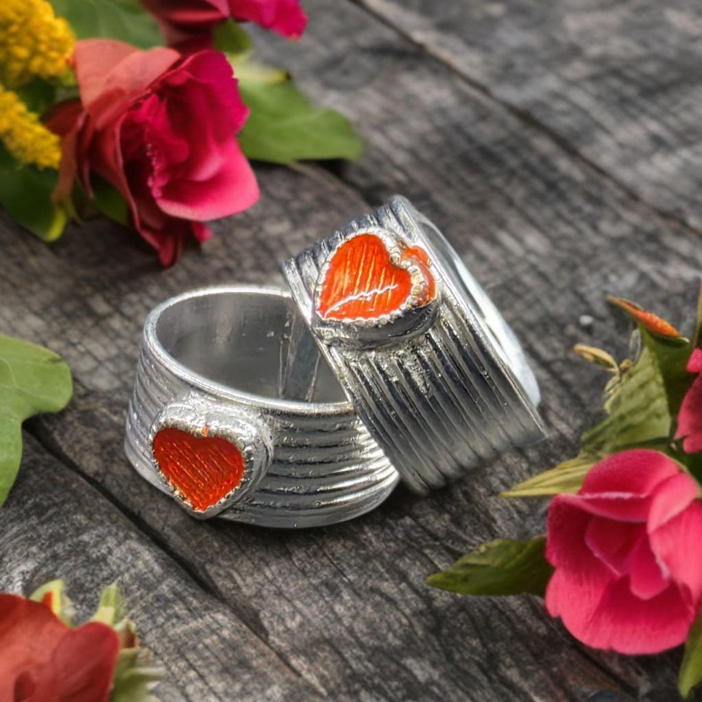 German Silver Toe Rings Set of 2, Adjustable Size, orange Enamel Heart Design, Silver Colour