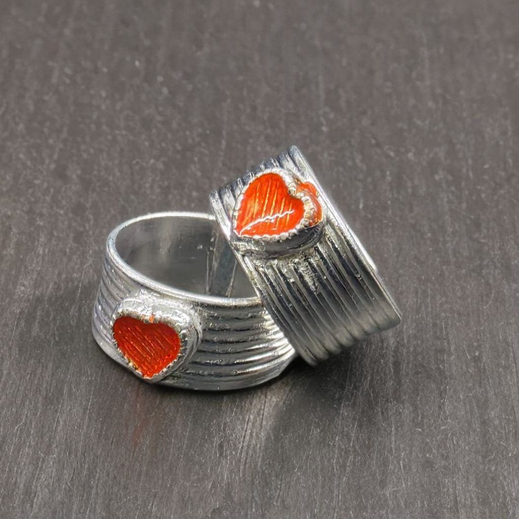 German Silver Toe Rings Set of 2, Adjustable Size, orange Enamel Heart Design, Silver Colour