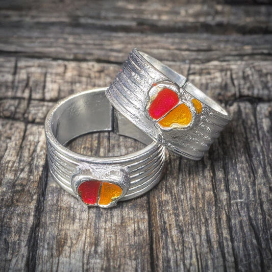 Adjustable German Silver Toe Rings Set of 2, Butterrfly Design with Red and Orange Enamel, Traditional Style