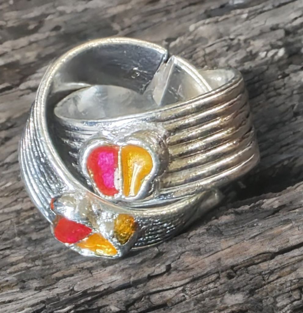 Adjustable German Silver Toe Rings Set of 2, Butterrfly Design with Red and Orange Enamel, Traditional Style