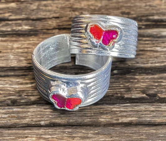 Vintage Style Butterfly Toe Ring, GERMANSILVERS Tone with Pink and Coral Enamel Accents, Adjustable Size