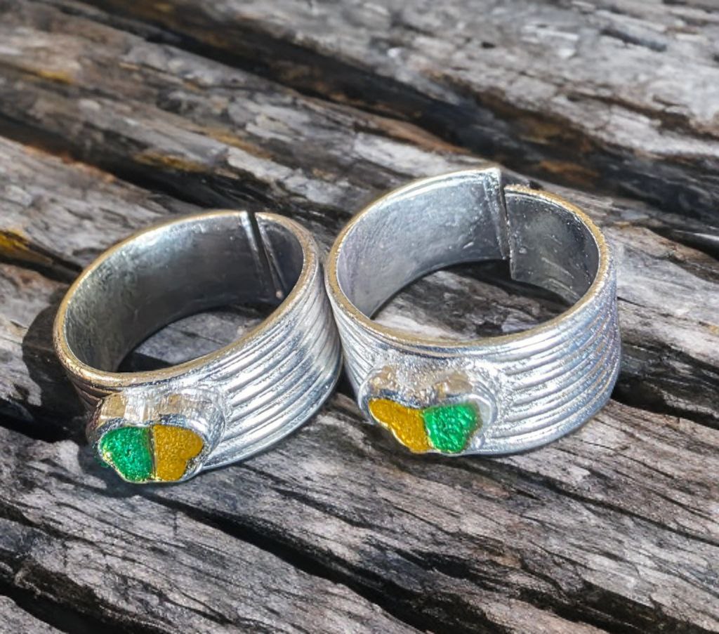 GERMANSILVERS Butterfly Toe Ring, Adjustable Size, Green and Yellow Enamel Design, Contemporary Style