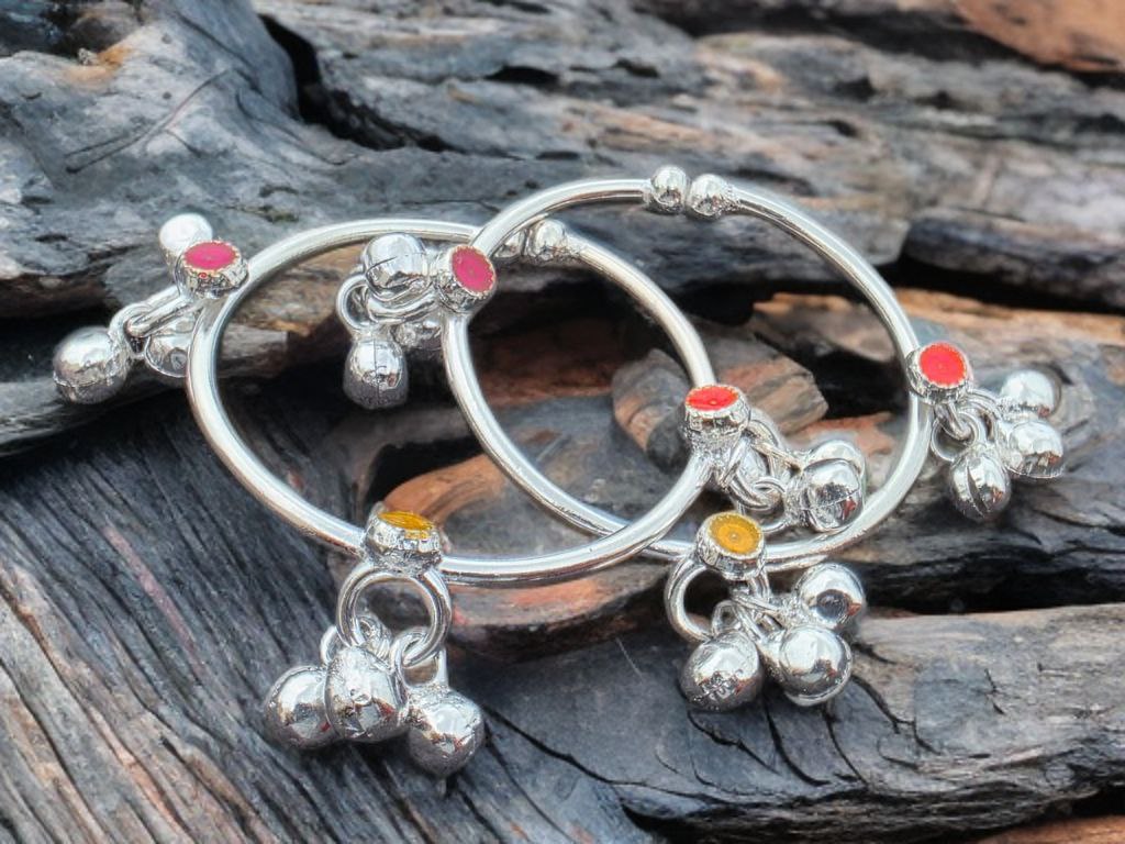 GERMANSILVERS Baby anklet Toe Ring, GERMANSILVERS with Enamel Accents,multi colour with bells, Adjustable Size